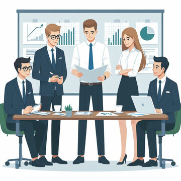 Team Leader telling business plan to colleagues during a meeting, vector illustration