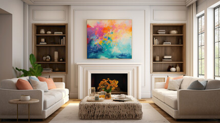 A cozy and inviting living room with a blank white empty frame, capturing the warmth and comfort of a fireplace surrounded by colorful, textured artwork.