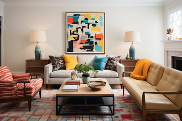 A cozy and inviting living room with a simple yet stylish design, incorporating a mix of neutral tones and lively pops of color in the furnishings