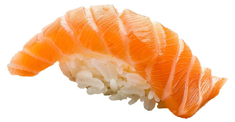 Fresh salmon sushi nigiri, traditional Japanese culinary delicacy on transparent background - stock png.