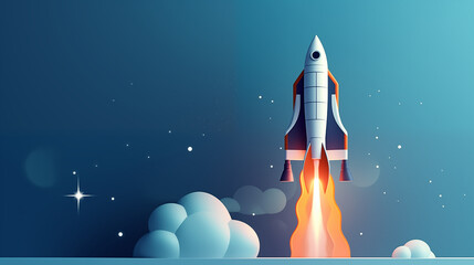 Stylized Illustration of Rocket Launching into Space with Blue Sky and Stars.