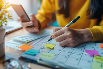 Person marking a calendar with a pen, with sticky notes and a smartphone in hand.