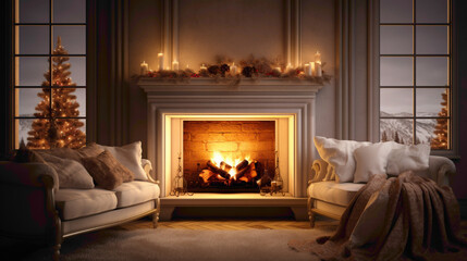 A cozy and inviting living room with a blank white empty frame, capturing the warmth and serenity of a crackling fireplace ona cold winter evening. - obrazy, fototapety, plakaty