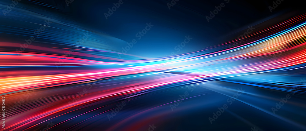 Poster an abstract background featuring colored waves with a stream of red and blue neon lines against a da