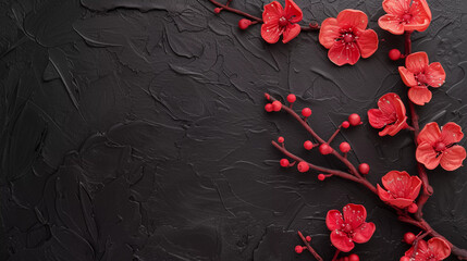 Red flowers on black oil paint background, banner, space for text, space to copy, solid color,...