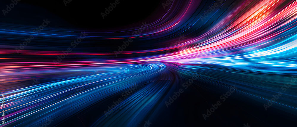 Poster an abstract background featuring colored waves with a stream of red and blue neon lines against a da
