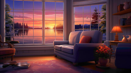 A cozy and serene living room with a blank white empty frame, capturing the beauty of a colorful sunset reflected on a calm lake through a nearby window.