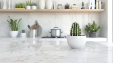 Fototapeta na wymiar Empty Beautiful table top with cactus and blur bokeh modern kitchen interior background in clean and bright, Ready for product montage