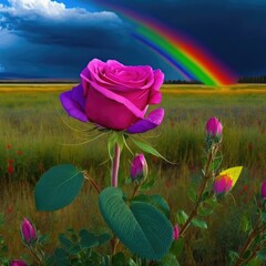 Vibrant rose against stormy sky and rainbow - 753002218