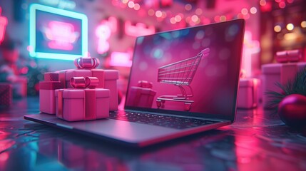 laptop displaying a virtual shopping cart filled by shopping bags sits atop a abstract background, offering a moment of digital escape and relaxation amid the serene surroundings 
