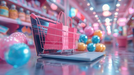 laptop displaying a virtual shopping cart filled by shopping bags sits atop a abstract background, offering a moment of digital escape and relaxation
