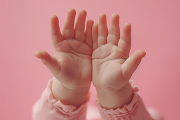 Against a solid blush pink background, the most endearing little baby reaches out with tiny hands,...