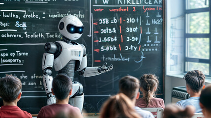 AI robot teacher is teaching group of children in classroom, standing in front of blackboard filled with notes.