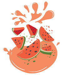Ripe watermelon with splashes of juice. Vector illustration of organic fruit juice. Eco label concept for natural watermelon flavor. Design of vape, juice, smoothie.