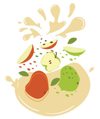 Ripe red and green apples fruits with splashes of juice. Vector illustration of organic fruit juice. Eco label concept for natural red and green apples flavor. Design of vape, juice, smoothie.