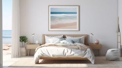 A cozy bedroom setup with a blank white empty frame, featuring a warm, inviting photograph of a sunlit beach scene.