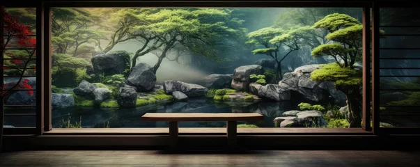 Selbstklebende Fototapeten Serene Japanese Garden View from Interior Space © evening_tao