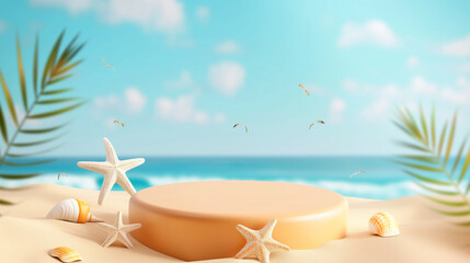 Fototapeta na wymiar Summer travel poster banner display podium with sand and summer beach scene design background