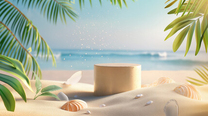 Fototapeta premium Summer travel poster banner display podium with sand and summer beach scene design background