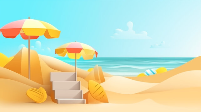 Summer travel poster banner display podium with sand and summer beach scene design background