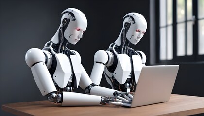 XAI 3d illustration Robot humanoid use laptop and sit at table for global network connection using AI thinking brain , artificial intelligence and machine learning process for 4th industrial