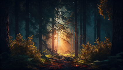 Sunrays piercing through misty woods creating a magical atmosphere - 753002651