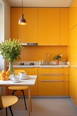Fototapeta na wymiar A cozy, compact kitchen with a bold, citrus-colored accent wall and minimalist furnishings.