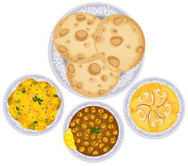 Halwa Puri with Puries, Chana Masala, Potato Curry and Suji Halwa - Indian Breakfast Top View Illustration 