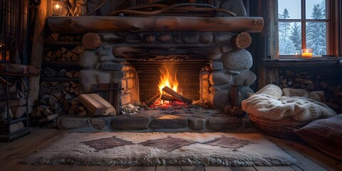 Immerse in warmth of flickering flames in rustic cabin setting. Concept Fireplace, Cabin Retreat, Cozy Ambiance, Warmth, Rustic Setting