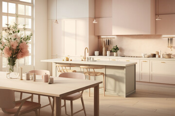 Fototapeta na wymiar A cozy kitchen with a minimalist approach, featuring a serene combination of soft, warm neutrals and subtle hints of blush pink.