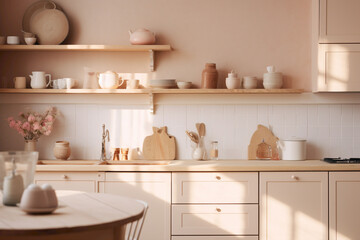 A cozy kitchen with a minimalist approach, featuring a serene combination of soft, warm neutrals and subtle hints of blush pink.