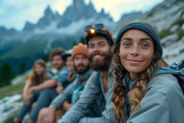A group of tourists in the mountains in summer or autumn and look at the camera holding a camera or smartphone. Selfie shot of group of hikers in the mountain, active lifestyle, vacation concept