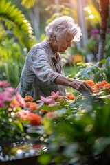 An old lady taking care of flowers in a blooming garden. Active seniors lifestyle and active retirement.