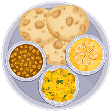 Halwa Puri with Chana Masala & Potato Curry - Indian Breakfast Thali Top View Illustration 