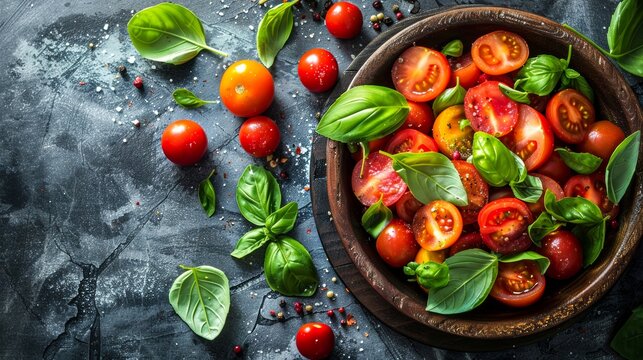 Vibrant image of tomatoes and basil, portraying organic and healthy eating, shot with a dark moody background