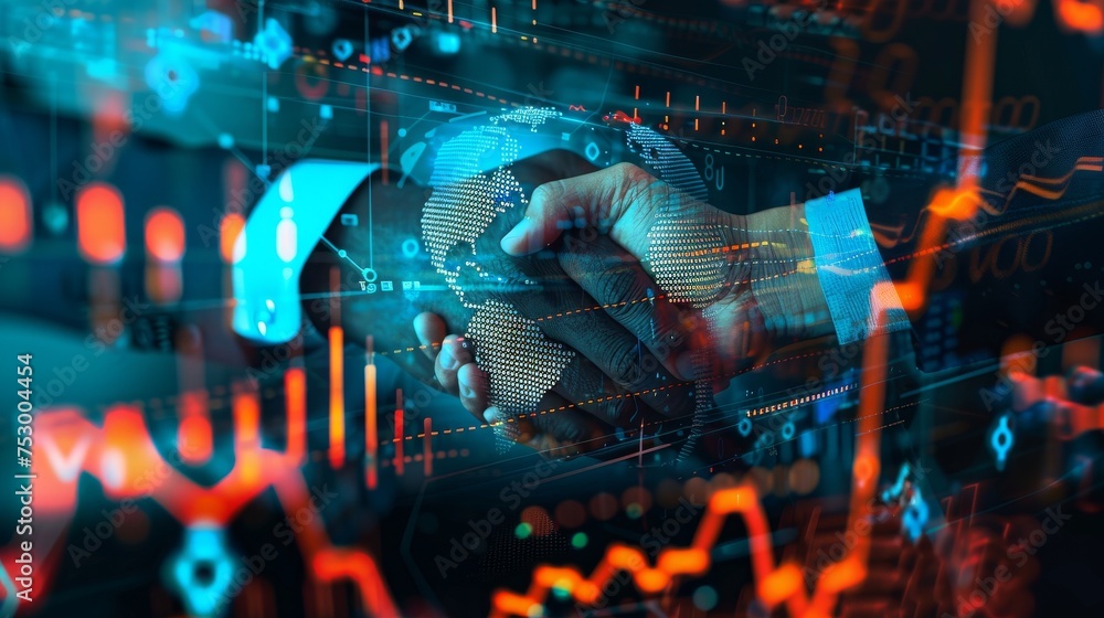 Poster business handshake stock graph and globe network tech communication theme