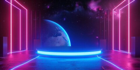 Fototapeta na wymiar Blue and pink neon podium sci fi room Earth in space background