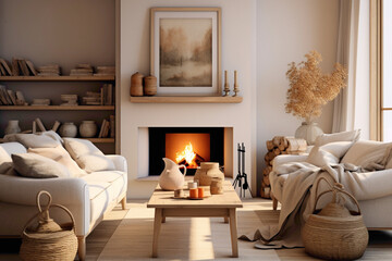 A cozy living room with a warm fireplace, adorned with light-colored furniture, natural materials, and subtle pops of color.