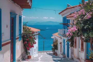 Beautiful street Greece summer day, sea holiday 