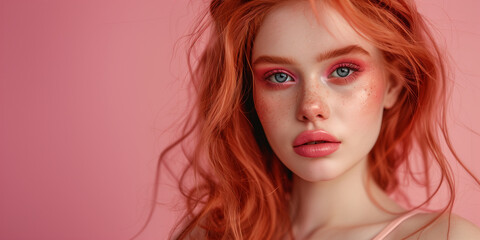 Fototapeta premium a girl with red hair, with pink and brown makeup on a pink background, monochrome palette, light chic concept, advertising decorative cosmetics, fashion and beauty