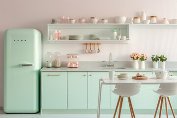 A cozy, minimalistic kitchen boasting a serene mint green color scheme with subtle hints of blush pink in its decorative elements.