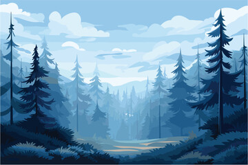illustration of blue coniferous forest, misty forest landscape with detailed blue silhouettes of coniferous trees