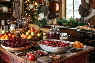 Fototapeta na wymiar A festive scene of making fruit jams and preserves in a country kitchen