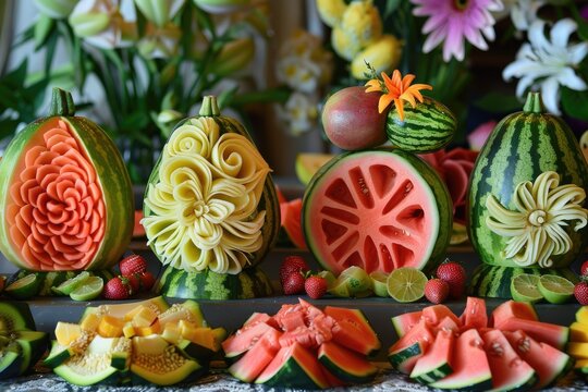 A fruit carving display with intricate designs on watermelons and melons