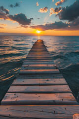 beautiful sunset on wooden pier over the sea