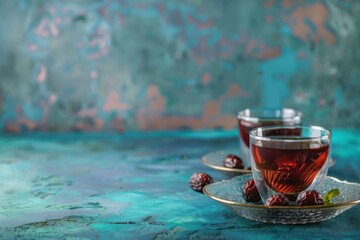 Breaking fasting with dried dates during Ramadan Kareem, Iftar meal with dates and Arab tea in traditional glass, angle view on rustic blue background. Muslim feast, space for text. 