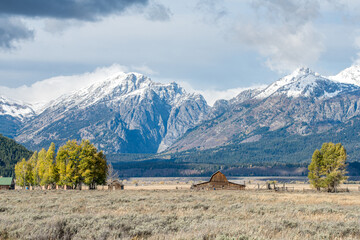Teton Range and Mormon Row Historic District at Antelope Flats in Grand Teton National Park during autumn in Wyoming - 753005064