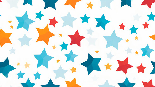 Tile of colored stars with white background. Background with illustration of 5-pointed stars in blue, light blue, orange and red. Star pattern. Texture.