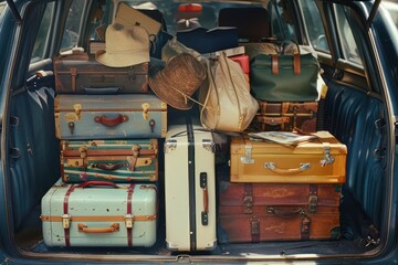 Car trunk is packed with suitcases and bags, all set for the holiday departure  - obrazy, fototapety, plakaty