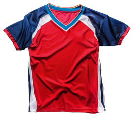 Colorful soccer jersey with V-neck on transparent background - stock png.